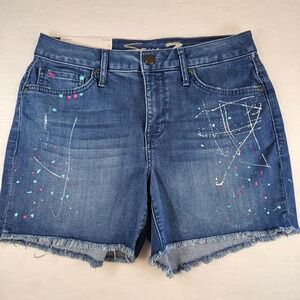Seven7 Weekend Short Paint Splatter Fray Hem Denim Shorts Blue Pollack Size 6